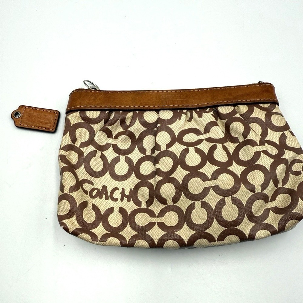 Coach Signature Pleated Zipper Pouch Wallet Clutch Tan - READ